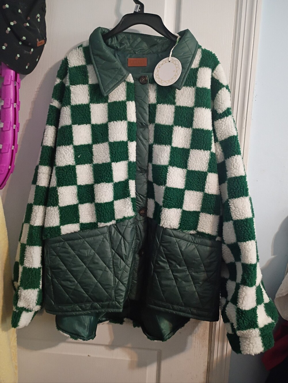 Umgee Green & White Checkered Quilted Sherpa Coat